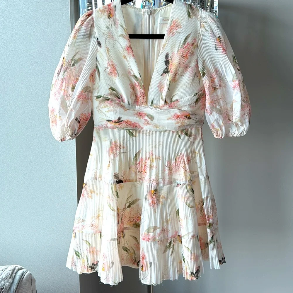 Zimmermann Floral Plissé Fit & Flare Dress